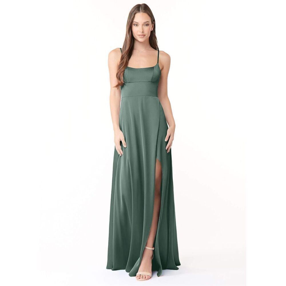 ✨Azazie Halsey Stretch Sea Moss A-Line Side Slit Stretch Satin Sz A8 Dress✨